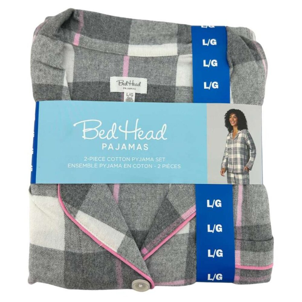Bed Head Women's Grey & Pink Plaid Pyjamas: 2 Piece Set / Size Large